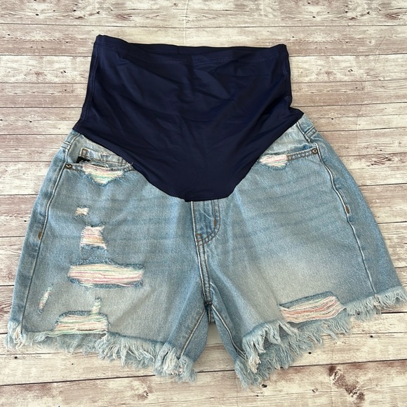 Pinkblush Medium Wash Distressed Rainbow Thread Full Panel Maternity Jean Shorts - Picture 3 of 9